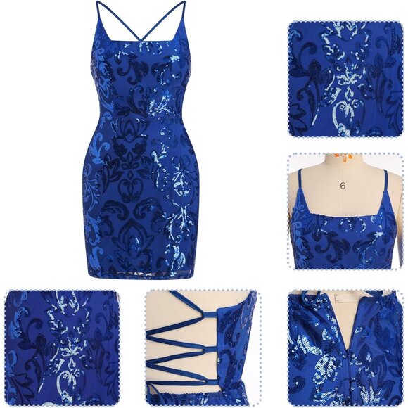 Sequin Mini Dress Sparkly Bodycon Cocktail Party Dress for Women Teens - Picture 7 of 7